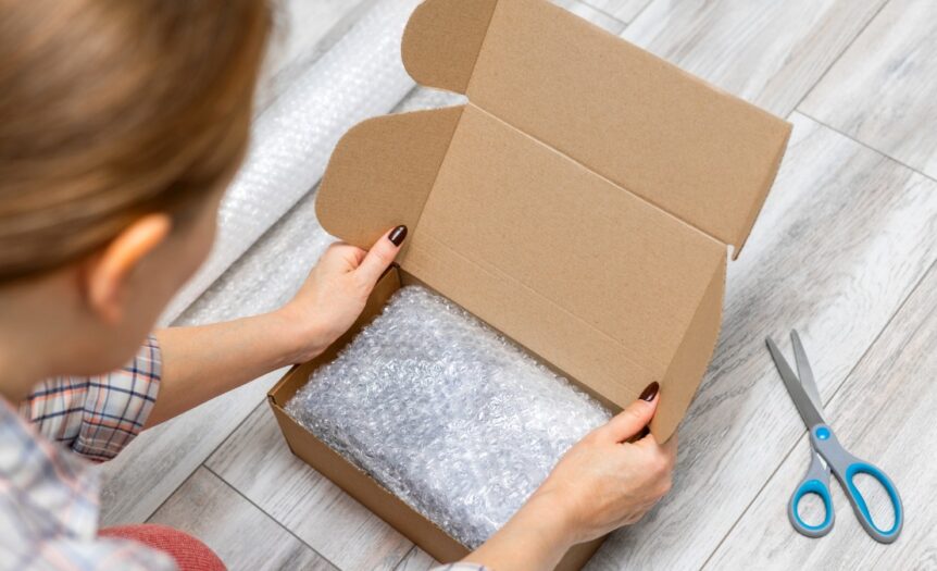 A pair of hands places bubble wrap into an open cardboard box, with a pair of scissors lying nearby on a light surface.