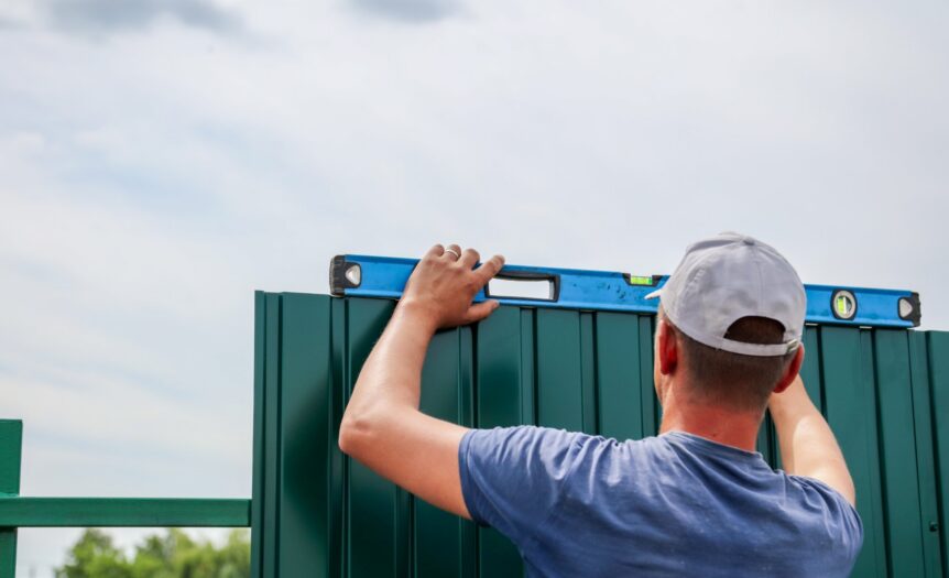 A person in a gray cap holding a blue level across the top of a green metal fence under a cloudy sky.