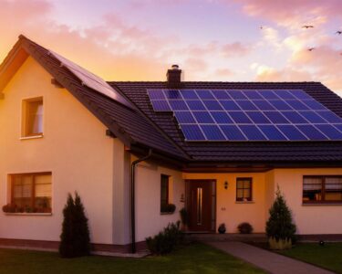 A single-story home with solar panels on the roof at sunset, while several birds fly over the property.