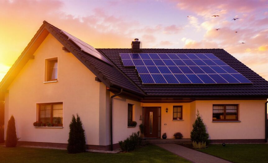 A single-story home with solar panels on the roof at sunset, while several birds fly over the property.
